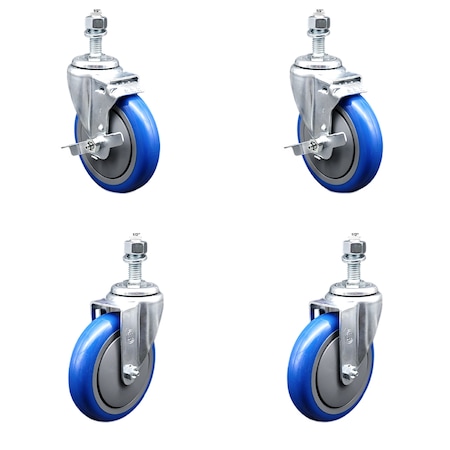 Service Caster 5 Inch SS Blue Polyurethane Swivel 1/2 Inch Threaded Stem Caster Brakes SCC, 2PK SSTS20S514-PPUB-BLUE-TLB-121315-2-S2